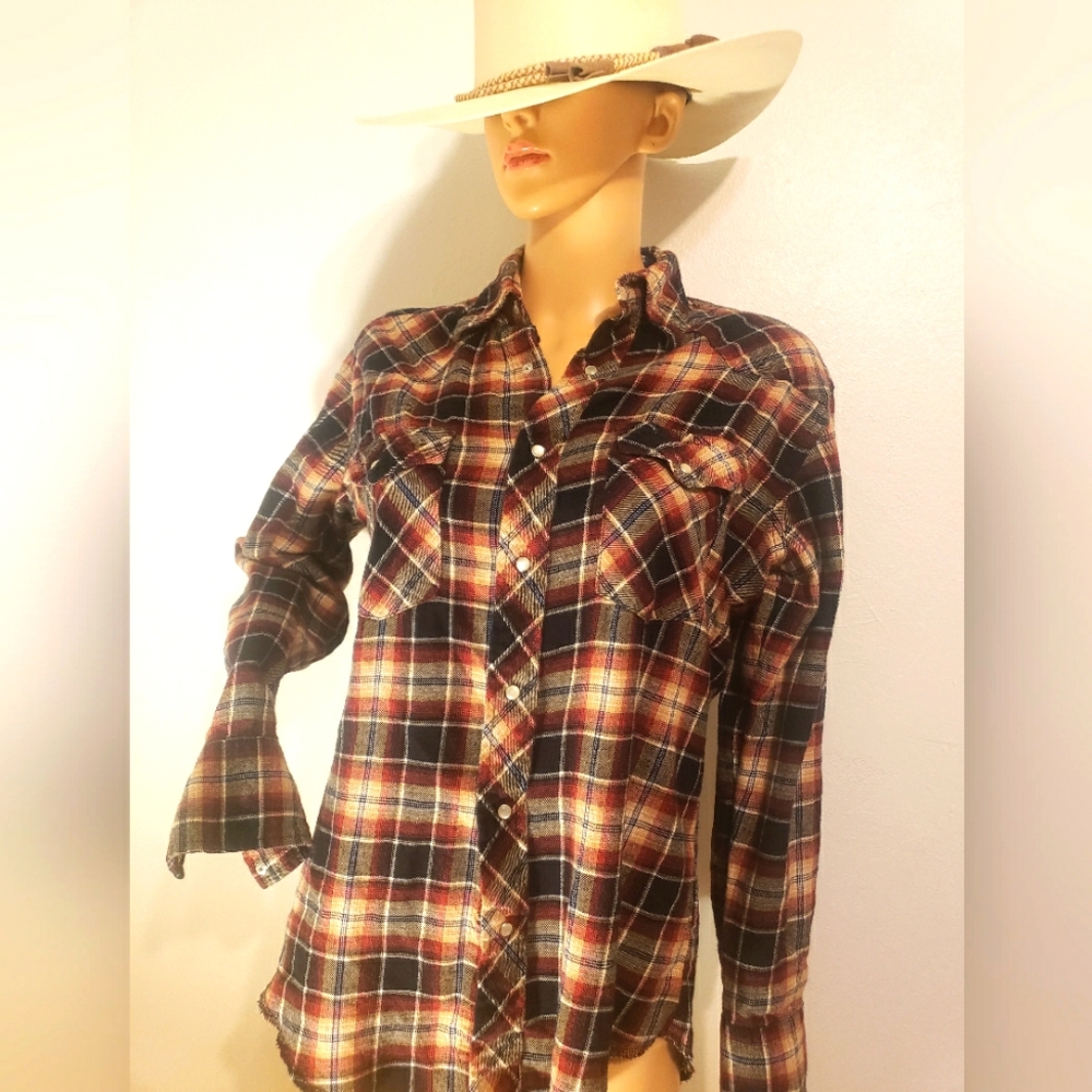 Wrangler Cowboy Western Pearl Snap Shirt Plaid Mens Med Tall Rodeo Red Black